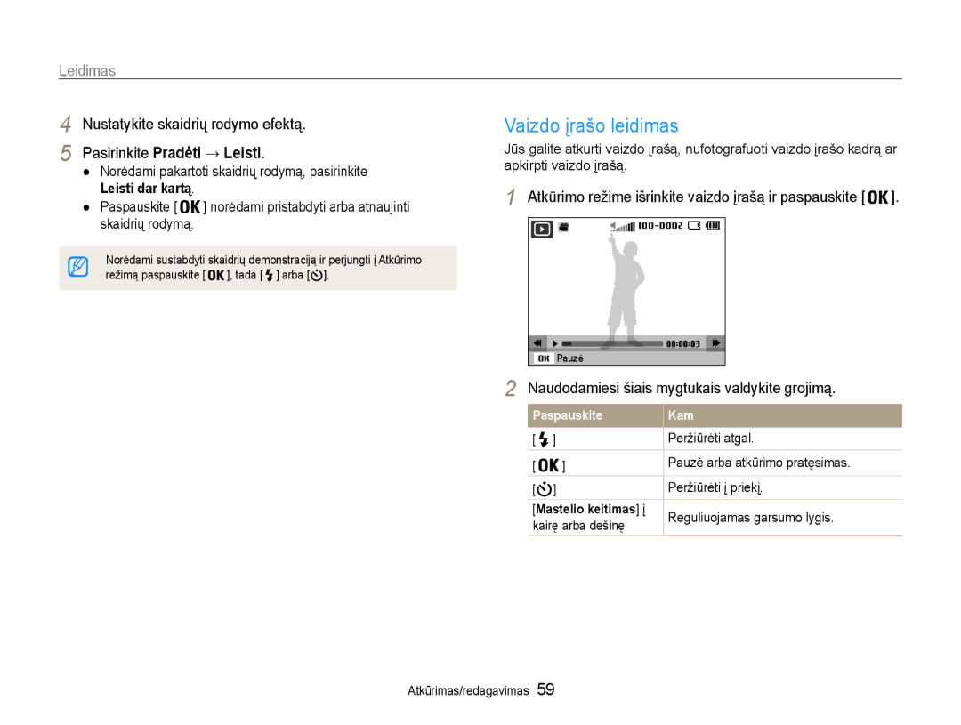 Samsung EC-ES9ZZZBASE2, EC-ES9ZZZBABE2 manual Vaizdo įrašo leidimas, Naudodamiesi šiais mygtukais valdykite grojimą 