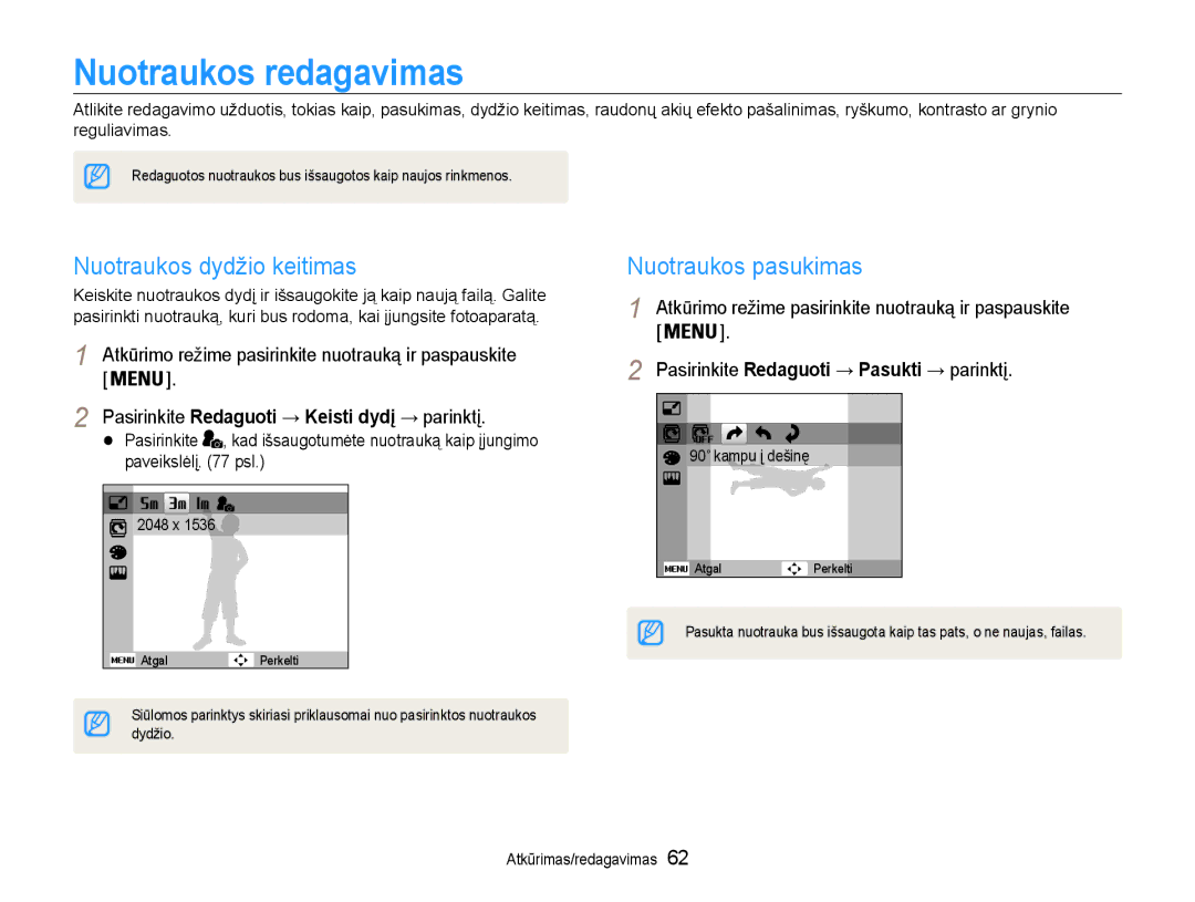 Samsung EC-ES9ZZZBABE2, EC-ES9ZZZBASE2 manual Nuotraukos redagavimas, Nuotraukos dydžio keitimas, Nuotraukos pasukimas 