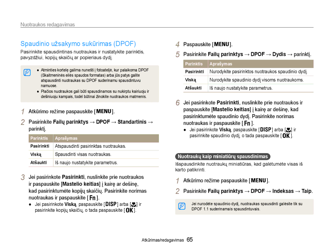 Samsung EC-ES9ZZZBASE2 manual Spaudinio užsakymo sukūrimas Dpof, Ir paspauskite Mastelio keitias į kairę ar dešinę 