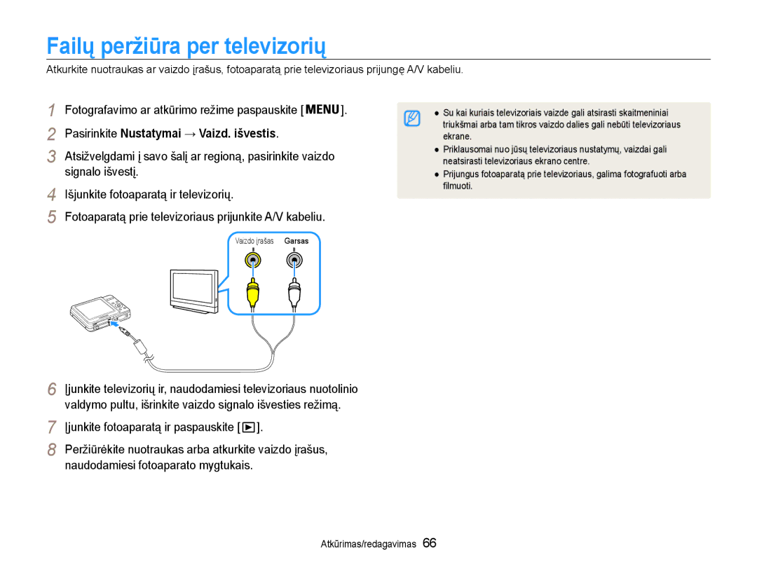 Samsung EC-ES9ZZZBABE2, EC-ES9ZZZBASE2 manual Failų peržiūra per televizorių, Fotografavimo ar atkūrimo režime paspauskite 