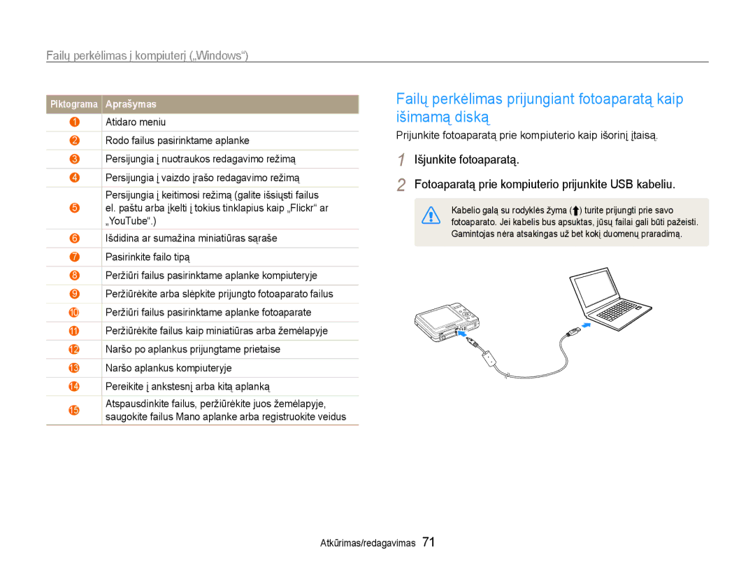 Samsung EC-ES9ZZZBASE2, EC-ES9ZZZBABE2 manual Failų perkėlimas prijungiant fotoaparatą kaip išimamą diską 