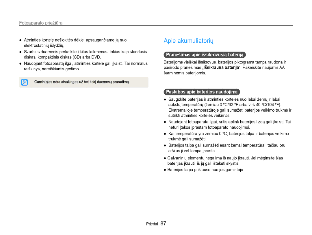 Samsung EC-ES9ZZZBASE2 manual Apie akumuliatorių, Pranešimas apie išsikrovusią bateriją, Pastabos apie baterijos naudojimą 