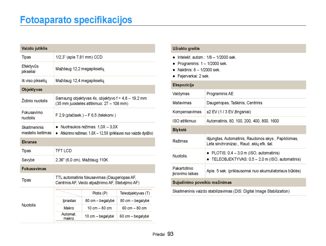 Samsung EC-ES9ZZZBASE2, EC-ES9ZZZBABE2 manual Fotoaparato specifikacijos 