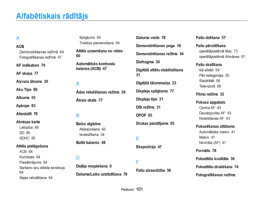 Samsung EC-ES9ZZZBASE2, EC-ES9ZZZBABE2 manual Alfabētiskais rādītājs 