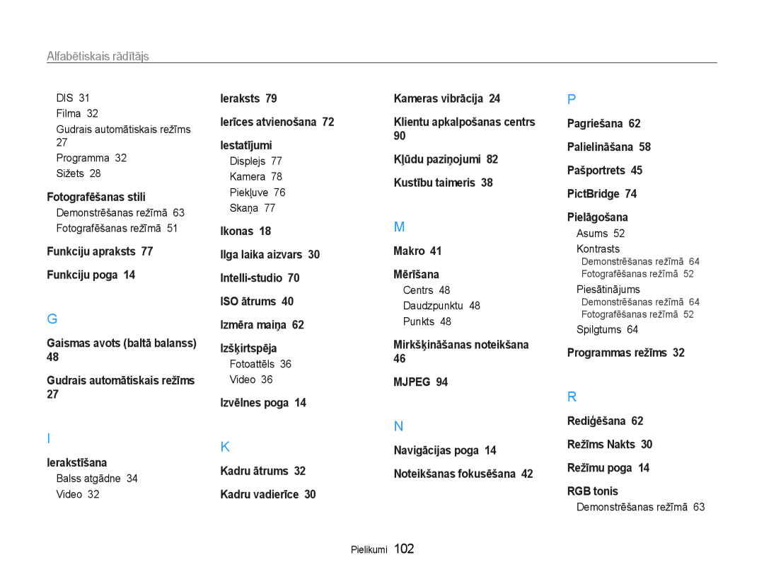 Samsung EC-ES9ZZZBABE2, EC-ES9ZZZBASE2 manual Alfabētiskais rādītājs 