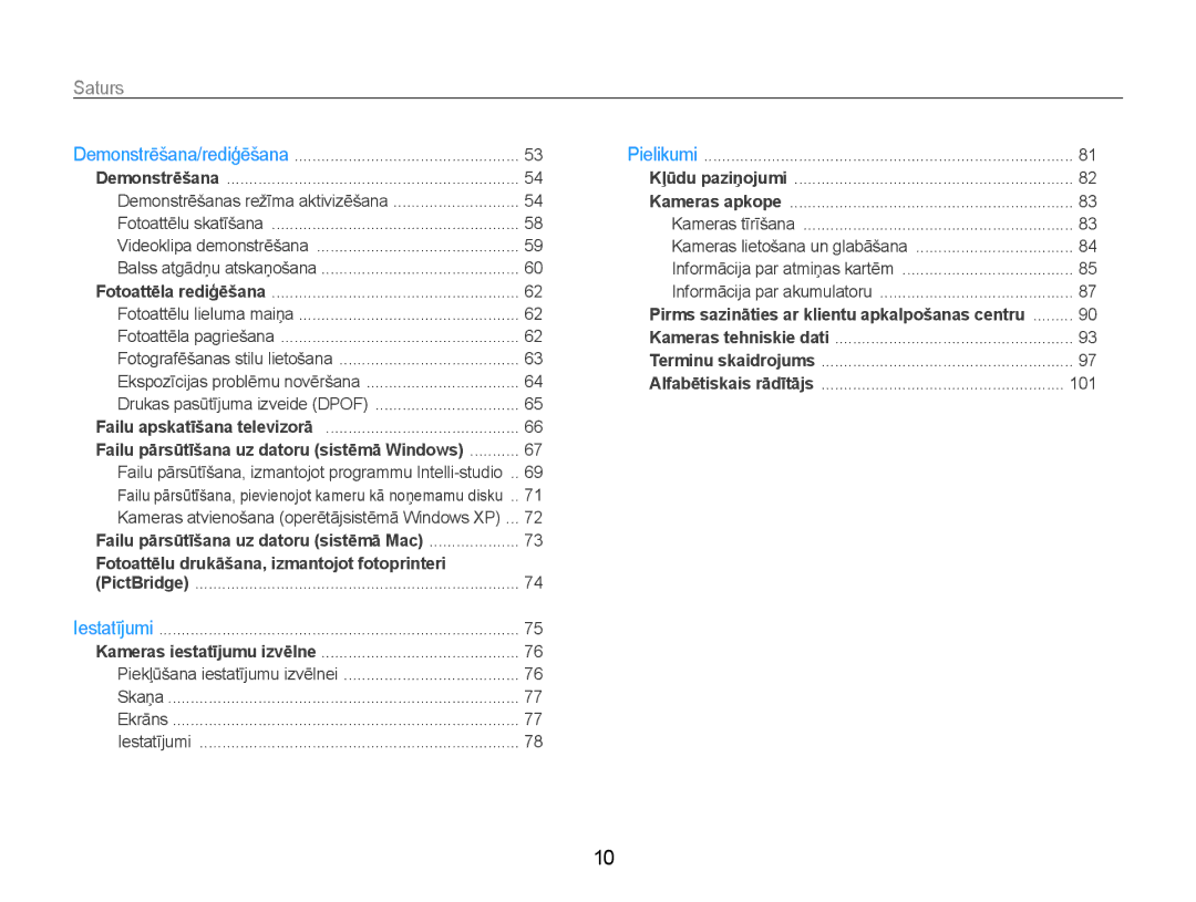 Samsung EC-ES9ZZZBABE2, EC-ES9ZZZBASE2 manual Saturs﻿, Kameras lietošana un glabāšana 