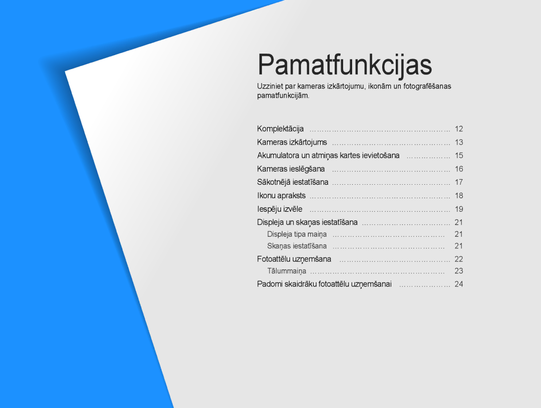 Samsung EC-ES9ZZZBASE2 manual Sākotnējā iestatīšana ……………………………………………, Displeja un skaņas iestatīšana ………………………………… 