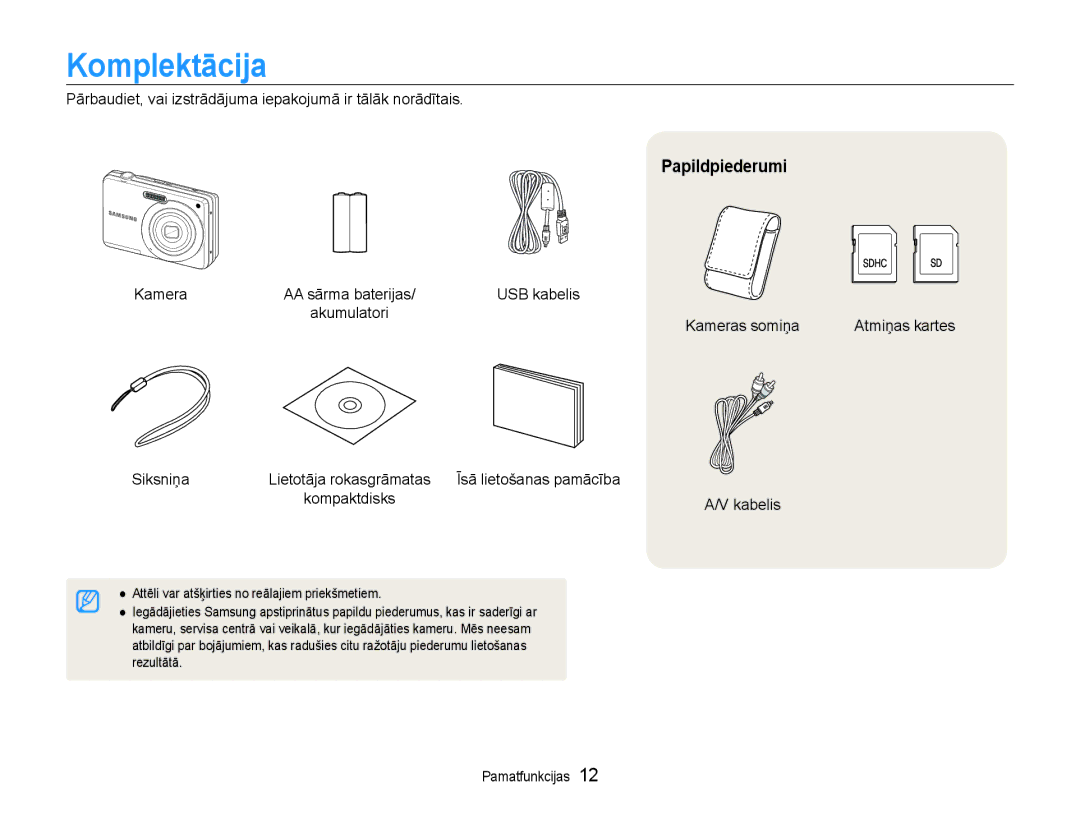 Samsung EC-ES9ZZZBABE2, EC-ES9ZZZBASE2 manual Komplektācija, Papildpiederumi 