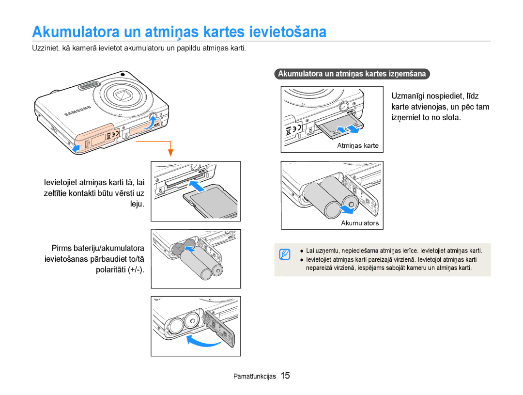 Samsung EC-ES9ZZZBASE2, EC-ES9ZZZBABE2 Akumulatora un atmiņas kartes ievietošana, Akumulatora un atmiņas kartes izņemšana 