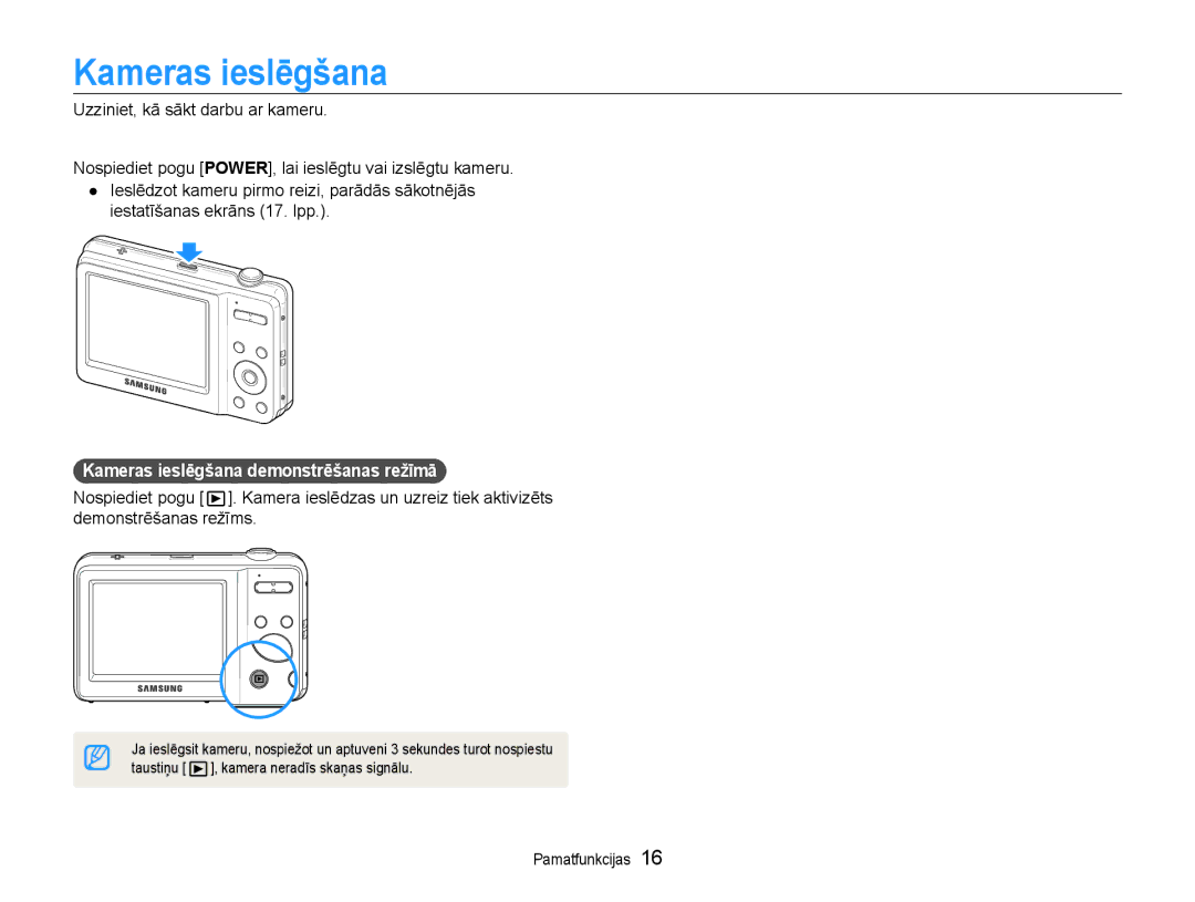 Samsung EC-ES9ZZZBABE2, EC-ES9ZZZBASE2 manual Kameras ieslēgšana demonstrēšanas režīmā 