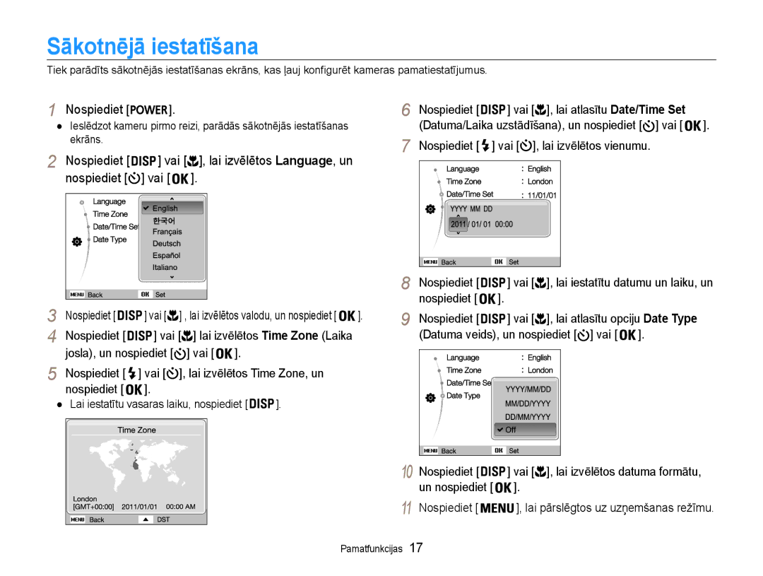 Samsung EC-ES9ZZZBASE2, EC-ES9ZZZBABE2 manual Sākotnējā iestatīšana, Nospiediet Vai , lai izvēlētos vienumu 