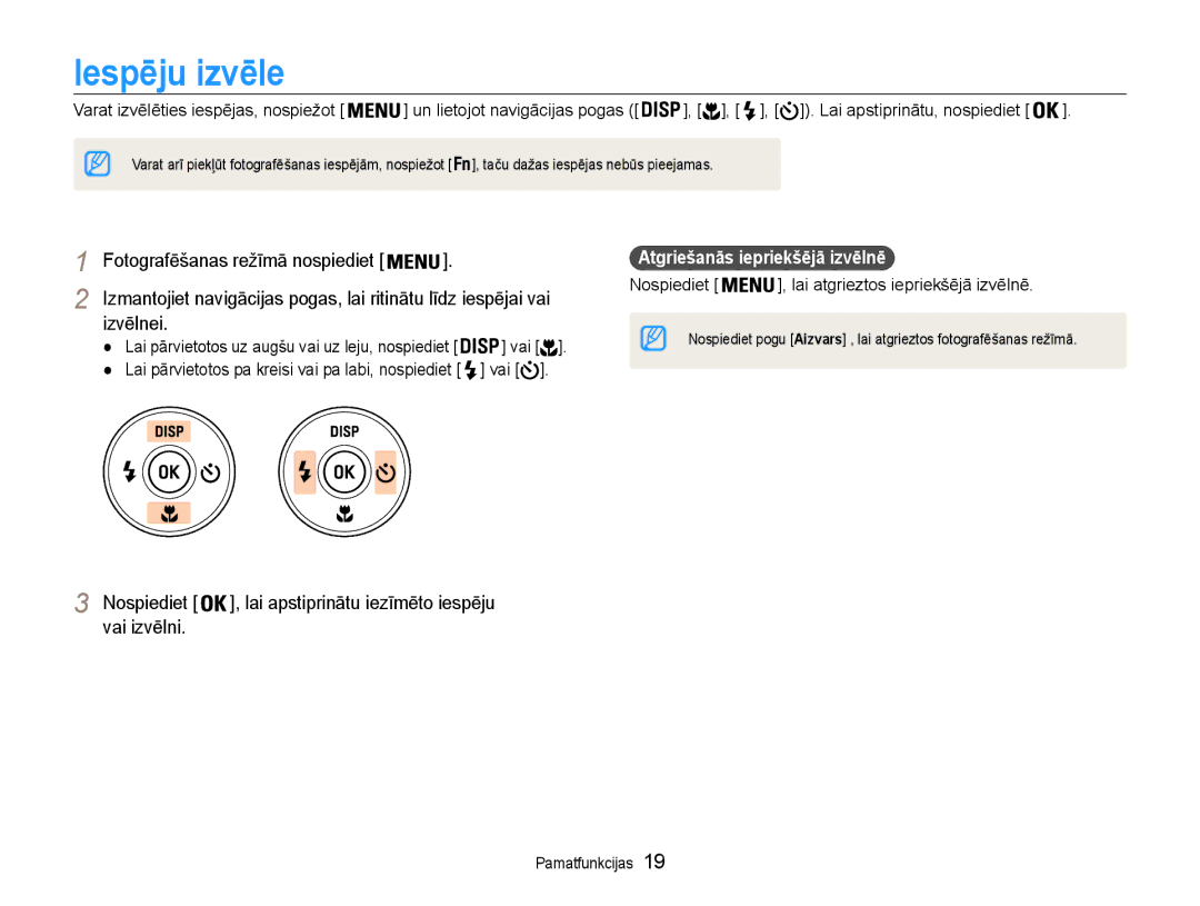 Samsung EC-ES9ZZZBASE2, EC-ES9ZZZBABE2 manual Iespēju izvēle, Izvēlnei, Vai izvēlni, Atgriešanās iepriekšējā izvēlnē 