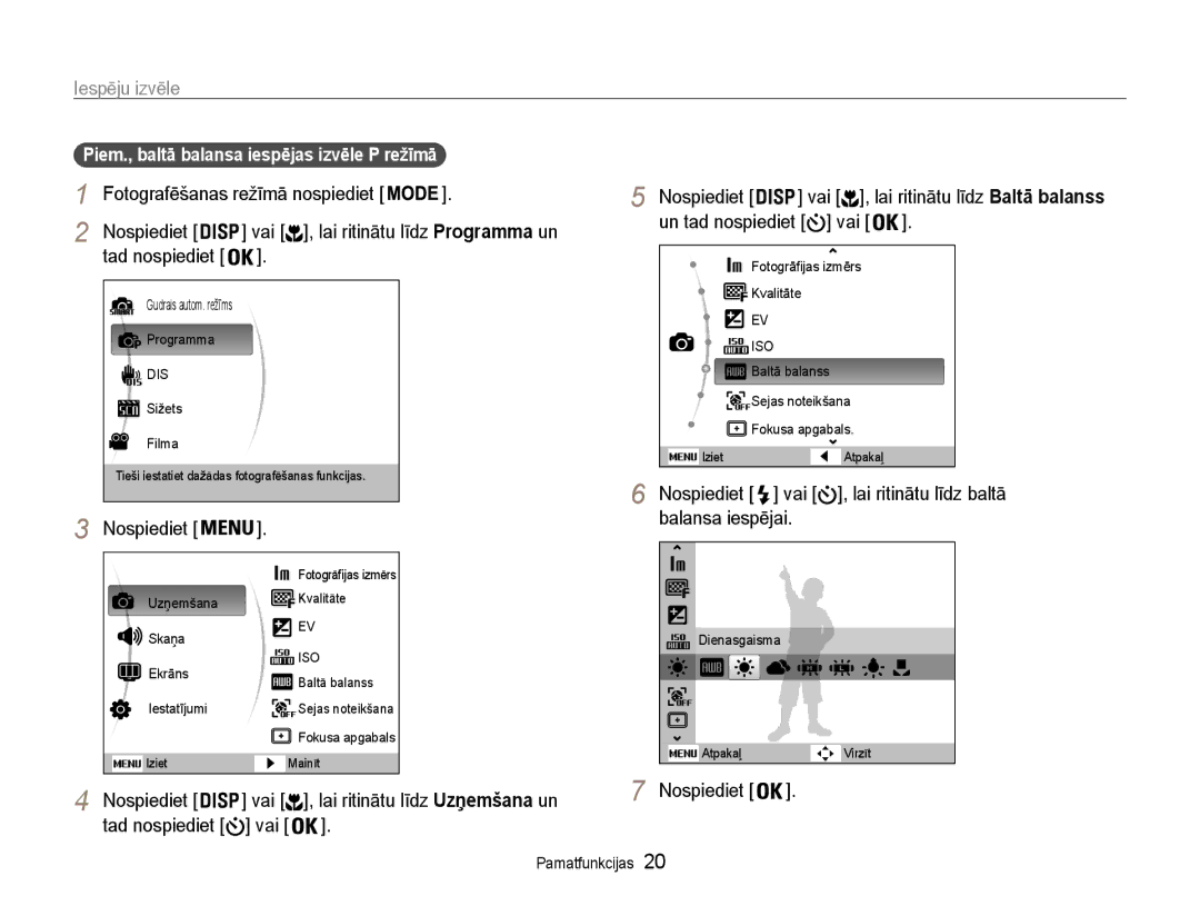 Samsung EC-ES9ZZZBABE2, EC-ES9ZZZBASE2 manual Iespēju izvēle, Vai Nospiediet, Un tad nospiediet vai 