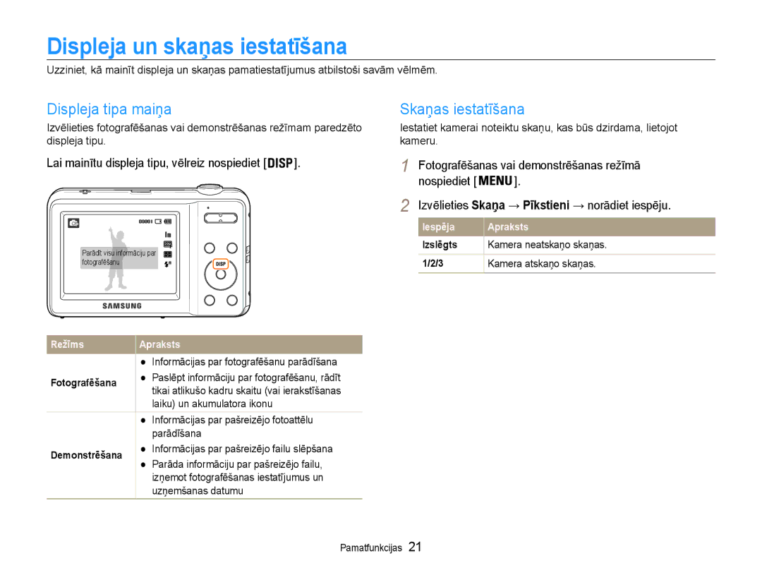 Samsung EC-ES9ZZZBASE2, EC-ES9ZZZBABE2 manual Displeja un skaņas iestatīšana, Displeja tipa maiņa, Skaņas iestatīšana 