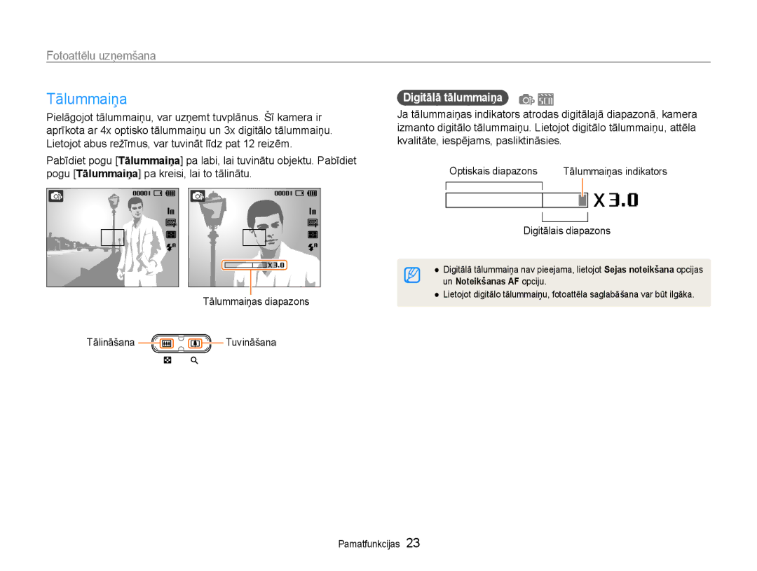 Samsung EC-ES9ZZZBASE2, EC-ES9ZZZBABE2 manual Tālummaiņa, Fotoattēlu uzņemšana, Digitālā tālummaiņa, Digitālais diapazons 