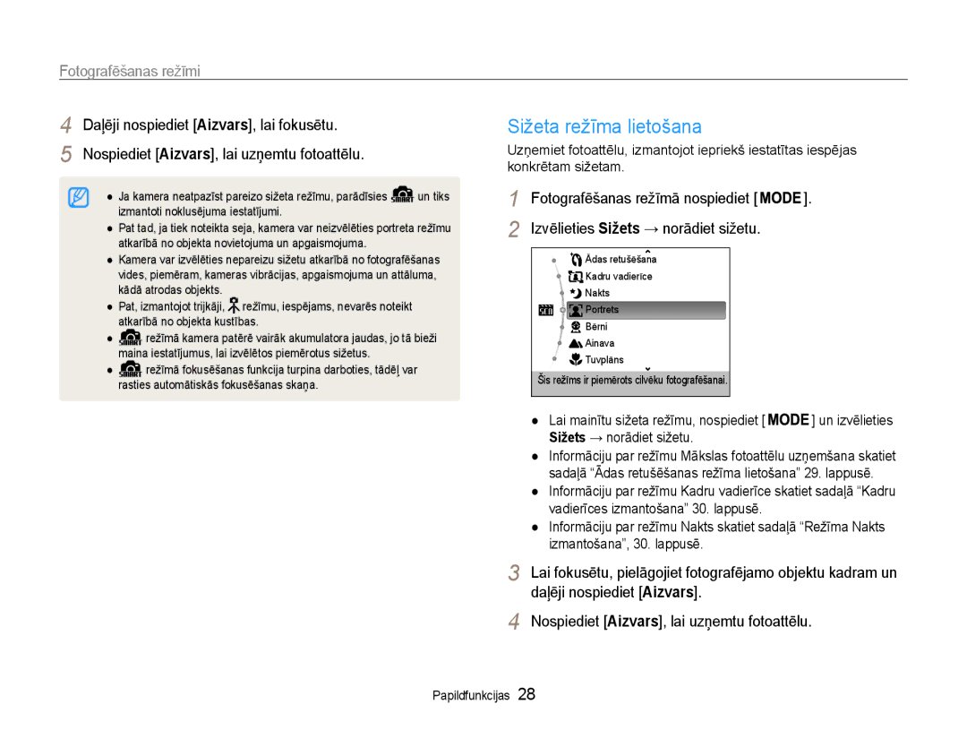 Samsung EC-ES9ZZZBABE2, EC-ES9ZZZBASE2 manual Sižeta režīma lietošana, Fotografēšanas režīmi 