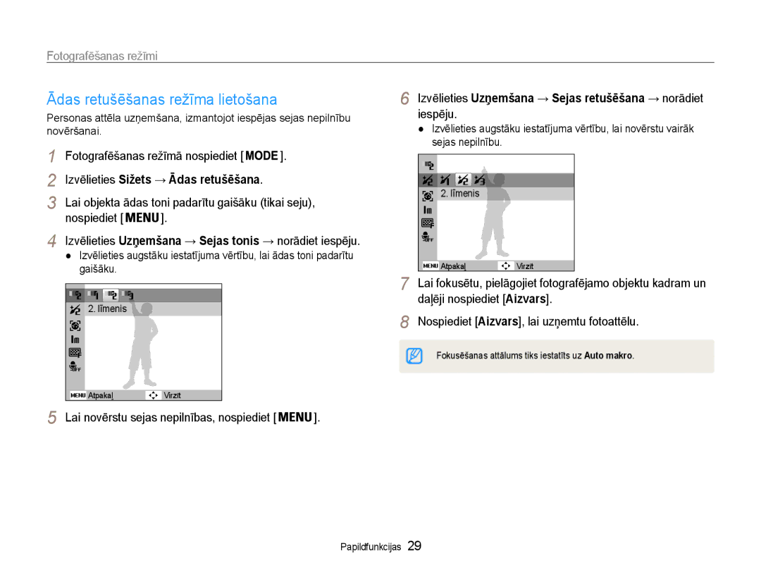 Samsung EC-ES9ZZZBASE2, EC-ES9ZZZBABE2 manual Ādas retušēšanas režīma lietošana, Izvēlieties Sižets → Ādas retušēšana 