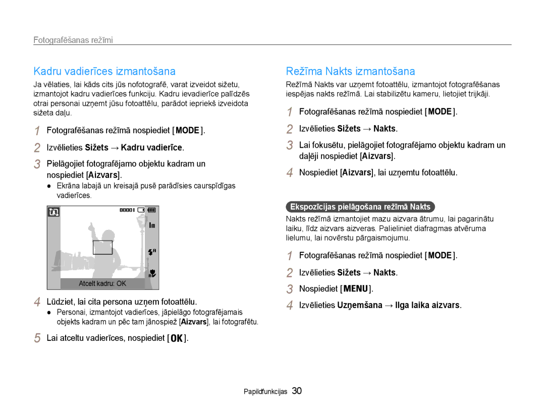 Samsung EC-ES9ZZZBABE2, EC-ES9ZZZBASE2 manual Kadru vadierīces izmantošana, Režīma Nakts izmantošana 