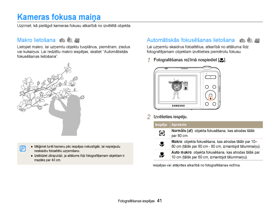 Samsung EC-ES9ZZZBASE2, EC-ES9ZZZBABE2 manual Kameras fokusa maiņa, Makro lietošana, Automātiskās fokusēšanas lietošana 