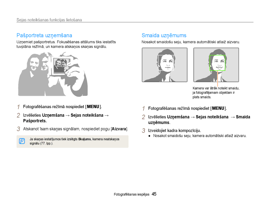 Samsung EC-ES9ZZZBASE2 manual Pašportreta uzņemšana, Smaida uzņēmums, Sejas noteikšanas funkcijas lietošana, Pašportrets 