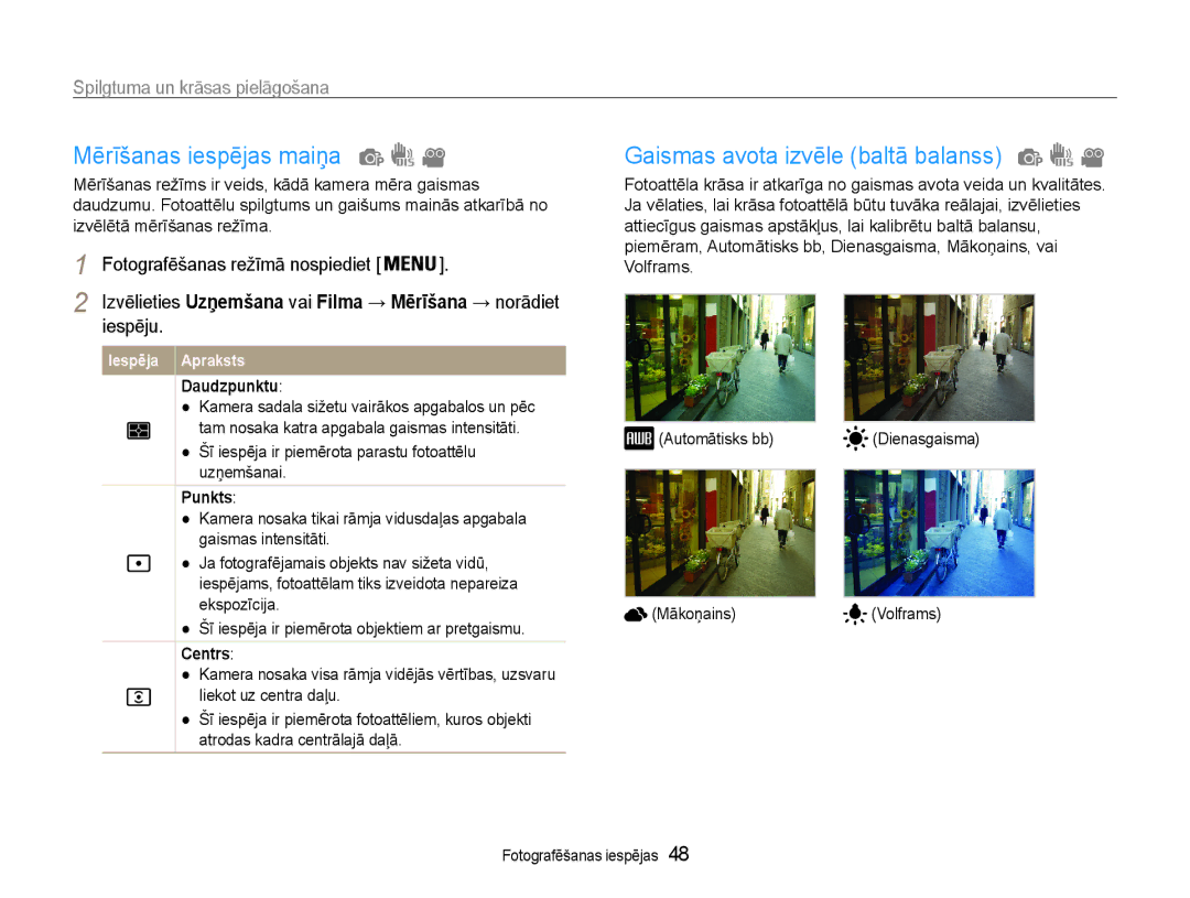 Samsung EC-ES9ZZZBABE2 manual Mērīšanas iespējas maiņa, Gaismas avota izvēle baltā balanss, Spilgtuma un krāsas pielāgošana 