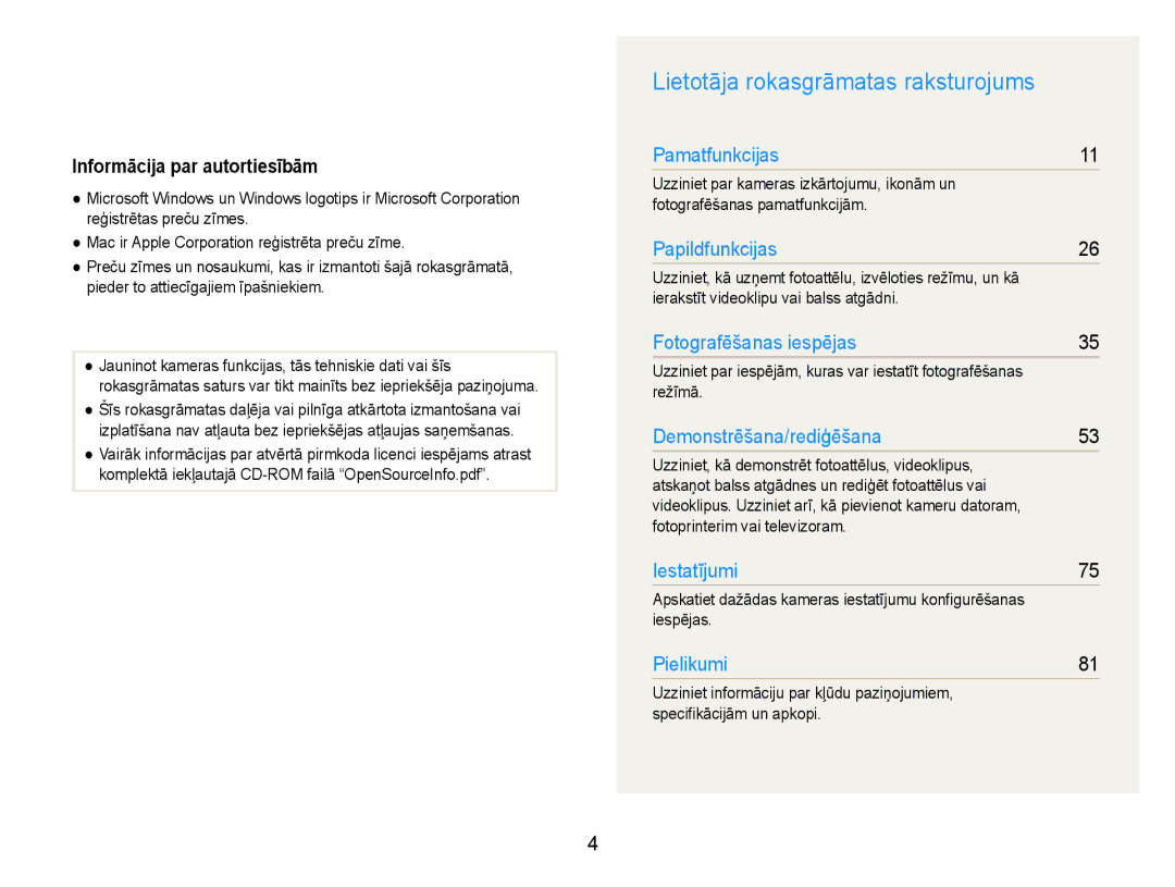 Samsung EC-ES9ZZZBABE2, EC-ES9ZZZBASE2 manual Lietotāja rokasgrāmatas raksturojums, Informācija par autortiesībām 