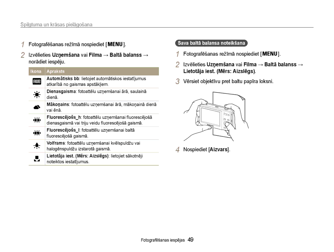 Samsung EC-ES9ZZZBASE2, EC-ES9ZZZBABE2 manual Lietotāja iest. Mērs Aizslēgs, Vērsiet objektīvu pret baltu papīra loksni 