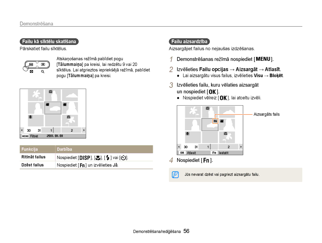 Samsung EC-ES9ZZZBABE2 manual Izvēlieties failu, kuru vēlaties aizsargāt, Failu kā sīktēlu skatīšana, Failu aizsardzība 