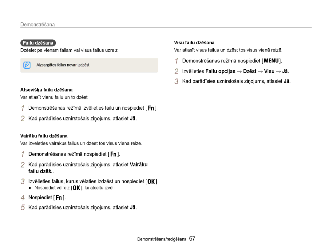 Samsung EC-ES9ZZZBASE2 manual Failu dzēšana, Visu failu dzēšana, Atsevišķa faila dzēšana, Vairāku failu dzēšana 