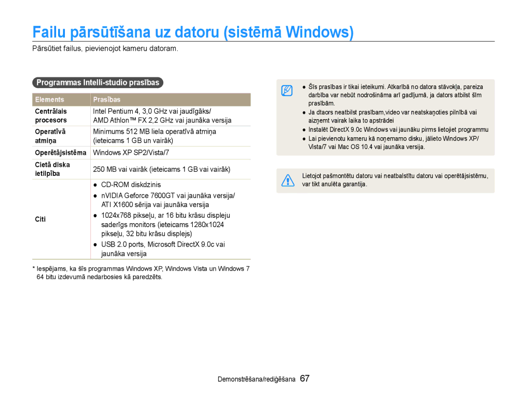 Samsung EC-ES9ZZZBASE2, EC-ES9ZZZBABE2 Failu pārsūtīšana uz datoru sistēmā Windows, Programmas Intelli-studio prasības 