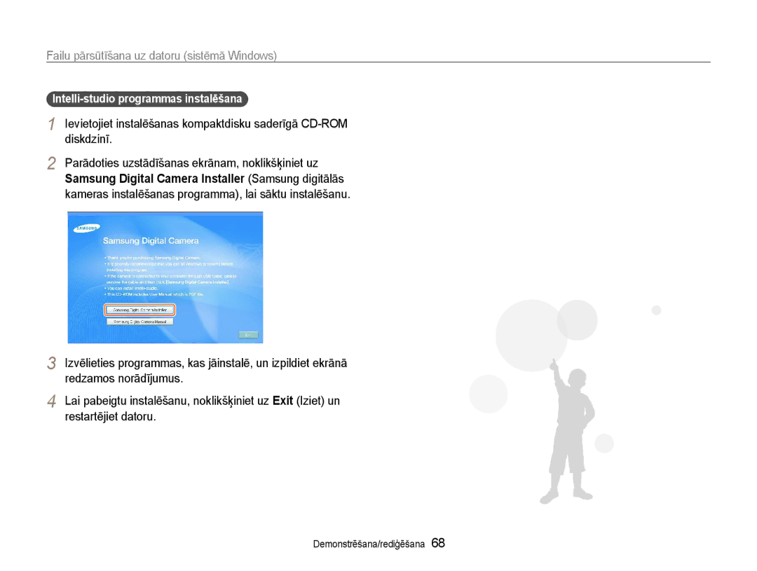 Samsung EC-ES9ZZZBABE2 manual Failu pārsūtīšana uz datoru sistēmā Windows, Redzamos norādījumus, Restartējiet datoru 