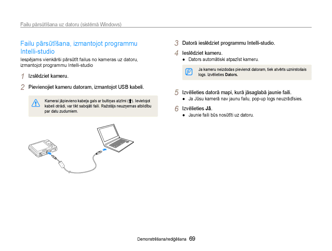 Samsung EC-ES9ZZZBASE2 manual Failu pārsūtīšana, izmantojot programmu Intelli-studio, Dators automātiski atpazīst kameru 