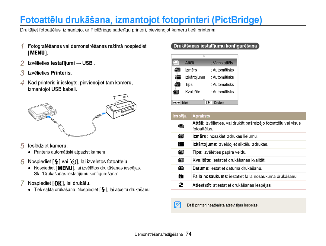 Samsung EC-ES9ZZZBABE2 manual Fotoattēlu drukāšana, izmantojot fotoprinteri PictBridge, Izvēlieties Iestatījumi → USB 