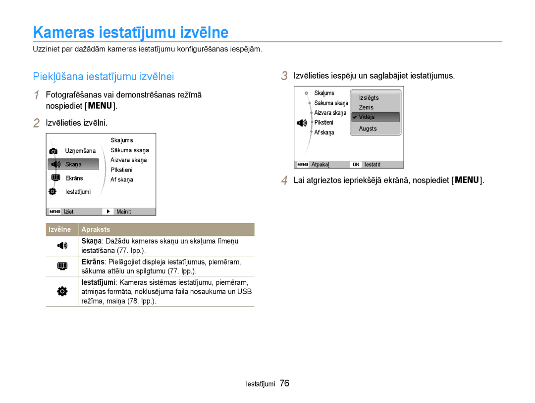 Samsung EC-ES9ZZZBABE2, EC-ES9ZZZBASE2 manual Kameras iestatījumu izvēlne, Piekļūšana iestatījumu izvēlnei 