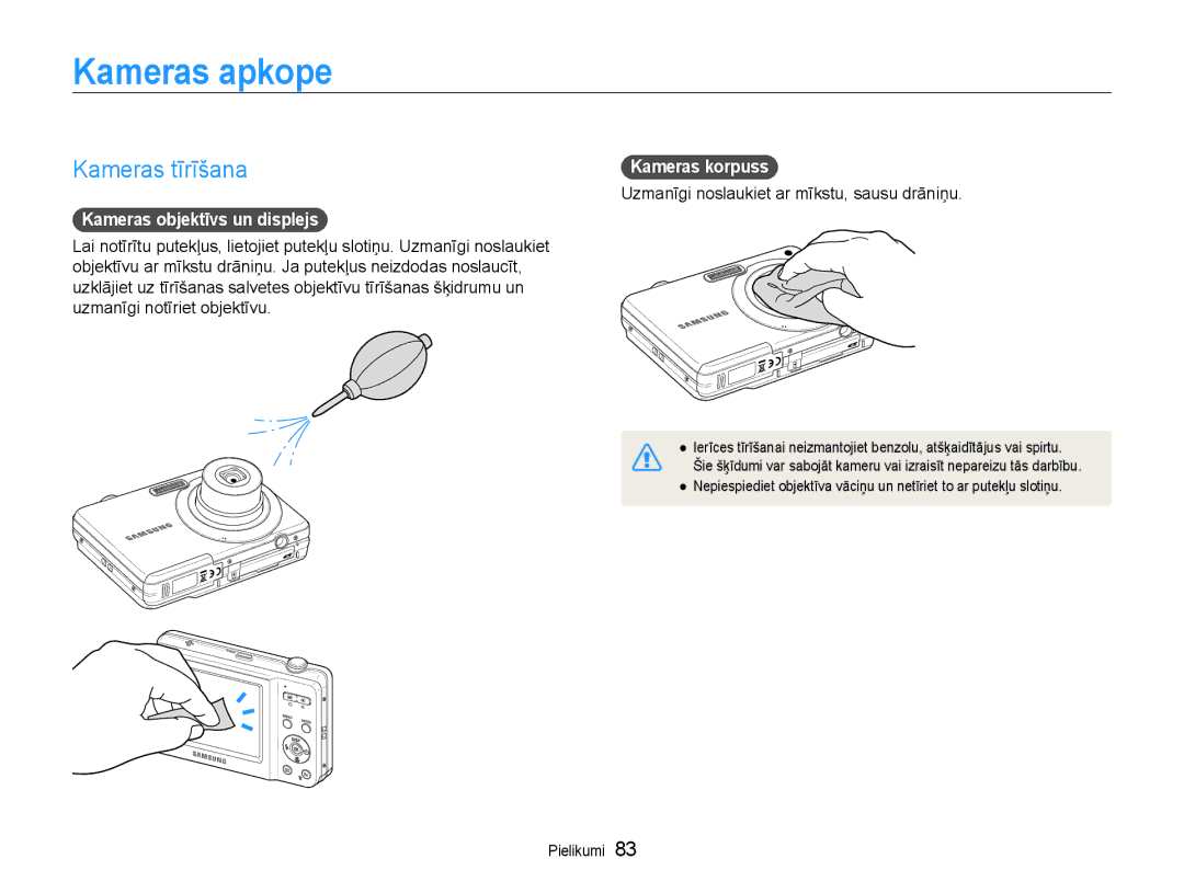 Samsung EC-ES9ZZZBASE2, EC-ES9ZZZBABE2 Kameras apkope, Kameras tīrīšana, Kameras objektīvs un displejs, Kameras korpuss 