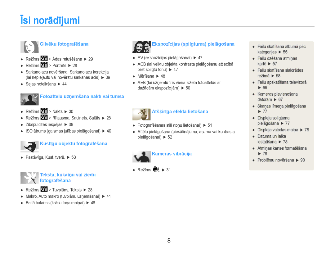 Samsung EC-ES9ZZZBABE2, EC-ES9ZZZBASE2 manual Īsi norādījumi, Cilvēku fotografēšana 