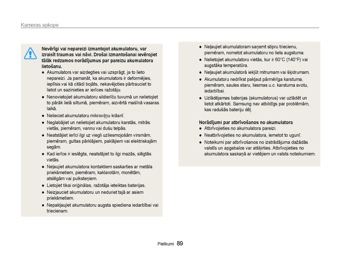 Samsung EC-ES9ZZZBASE2, EC-ES9ZZZBABE2 manual Norādījumi par atbrīvošanos no akumulatora 