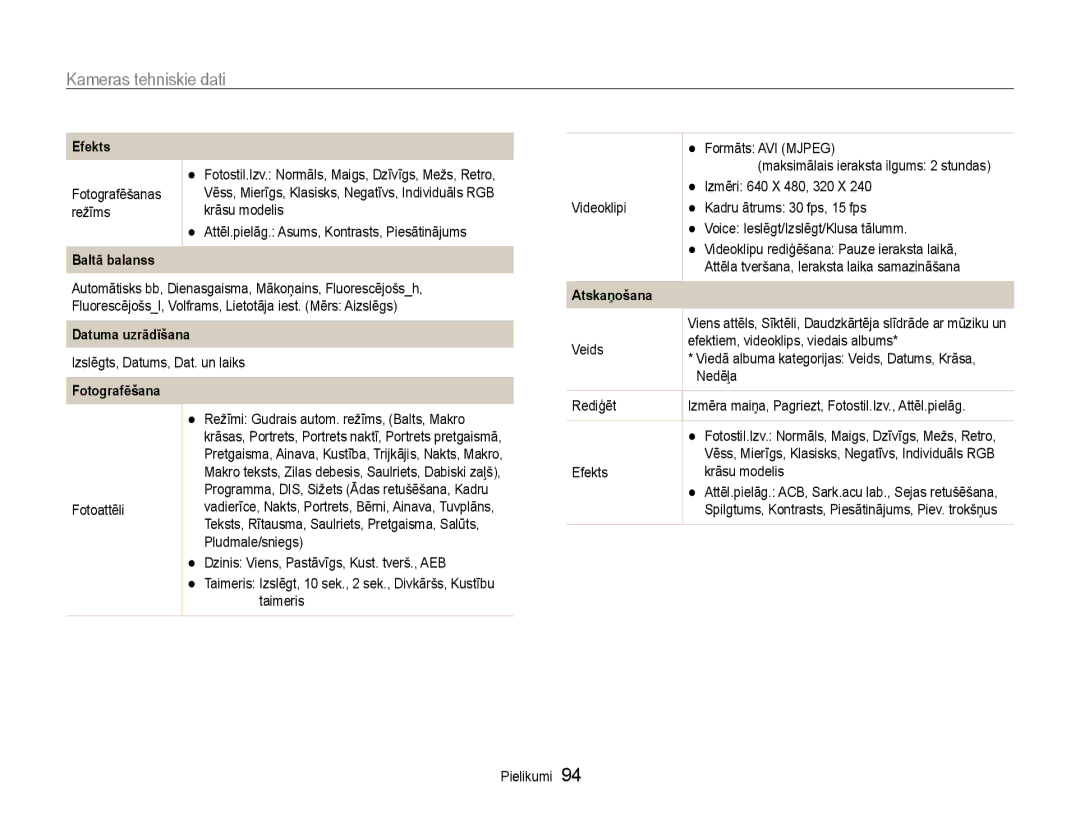 Samsung EC-ES9ZZZBABE2, EC-ES9ZZZBASE2 manual Kameras tehniskie dati, Baltā balanss, Datuma uzrādīšana, Atskaņošana 