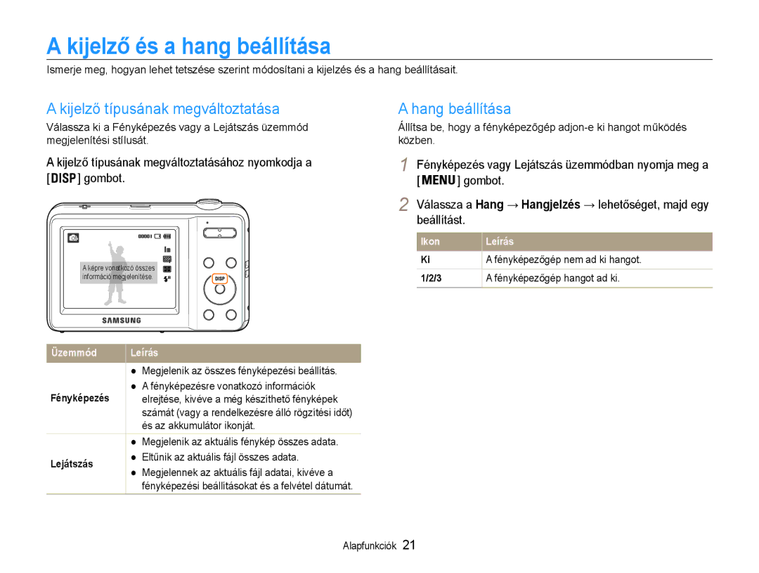 Samsung EC-ES9ZZZBABE2, EC-ES9ZZZBASE3 Kijelző és a hang beállítása, Kijelző típusának megváltoztatása, Hang beállítása 