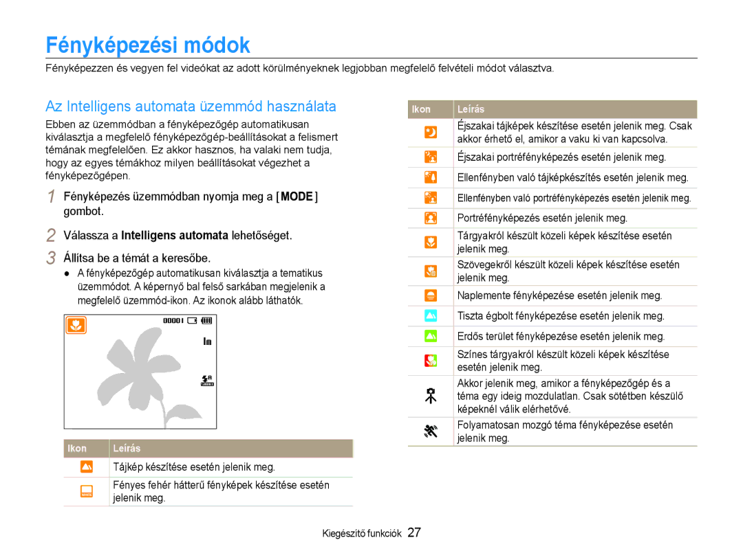 Samsung EC-ES9ZZZBABE2 Fényképezési módok, Az Intelligens automata üzemmód használata, Tájkép készítése esetén jelenik meg 