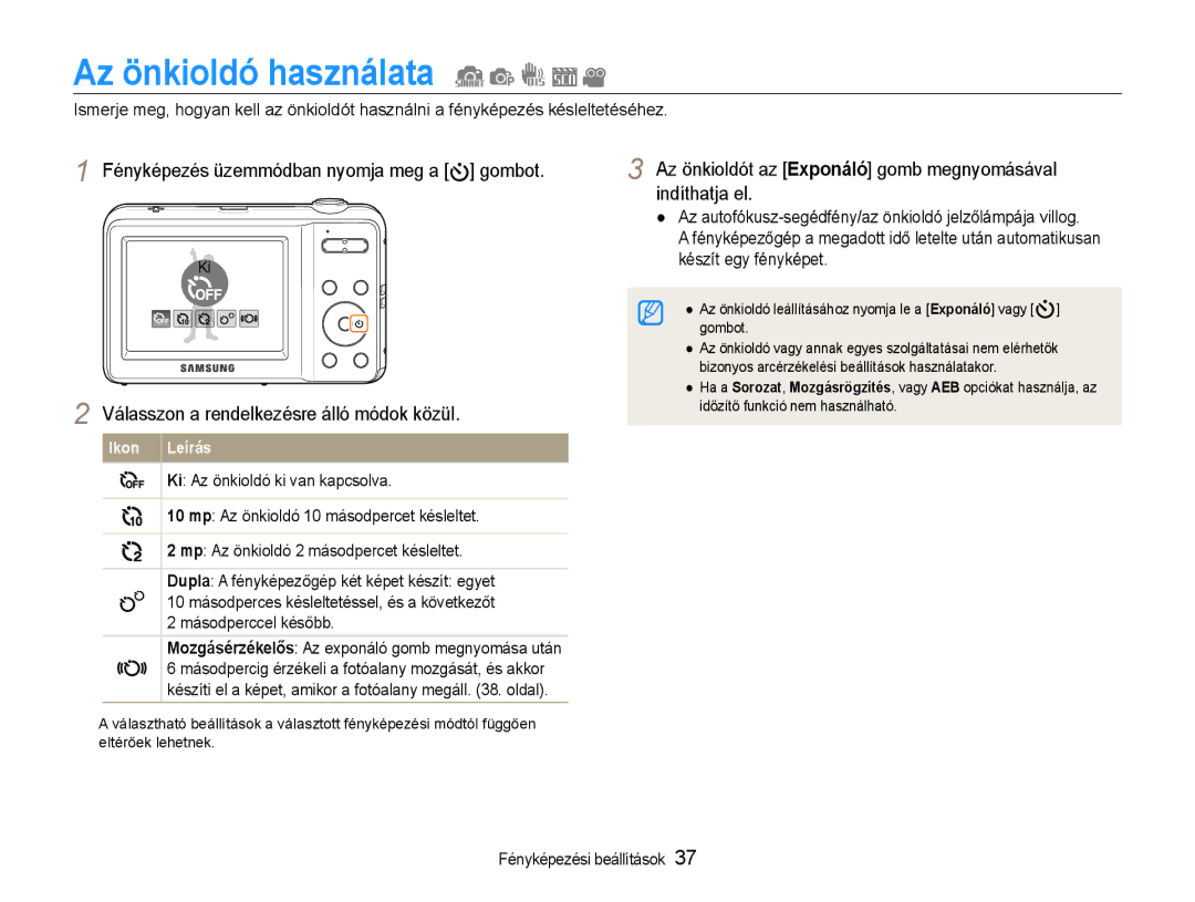 Samsung EC-ES9ZZZBAPE2, EC-ES9ZZZBASE3 Az önkioldó használata, Az önkioldót az Exponáló gomb megnyomásával indíthatja el 