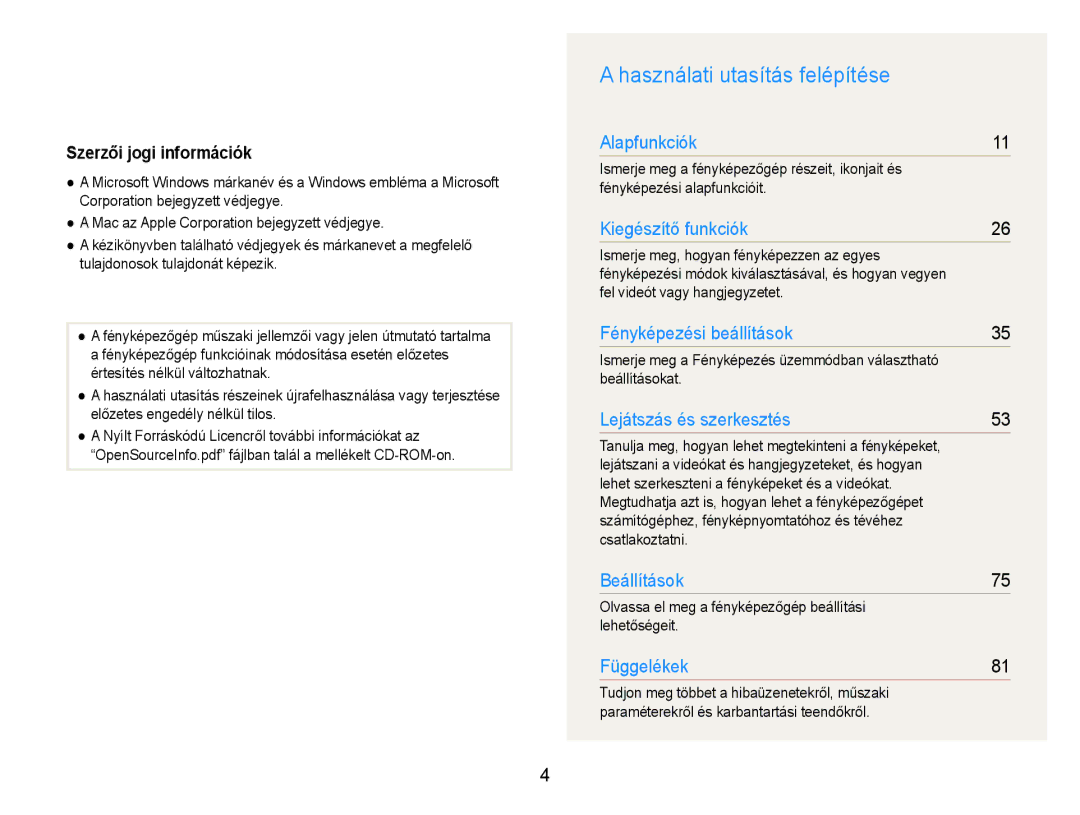 Samsung EC-ES9ZZZBARE2, EC-ES9ZZZBASE3, EC-ES9ZZZBABE3 manual Használati utasítás felépítése, Szerzői jogi információk 