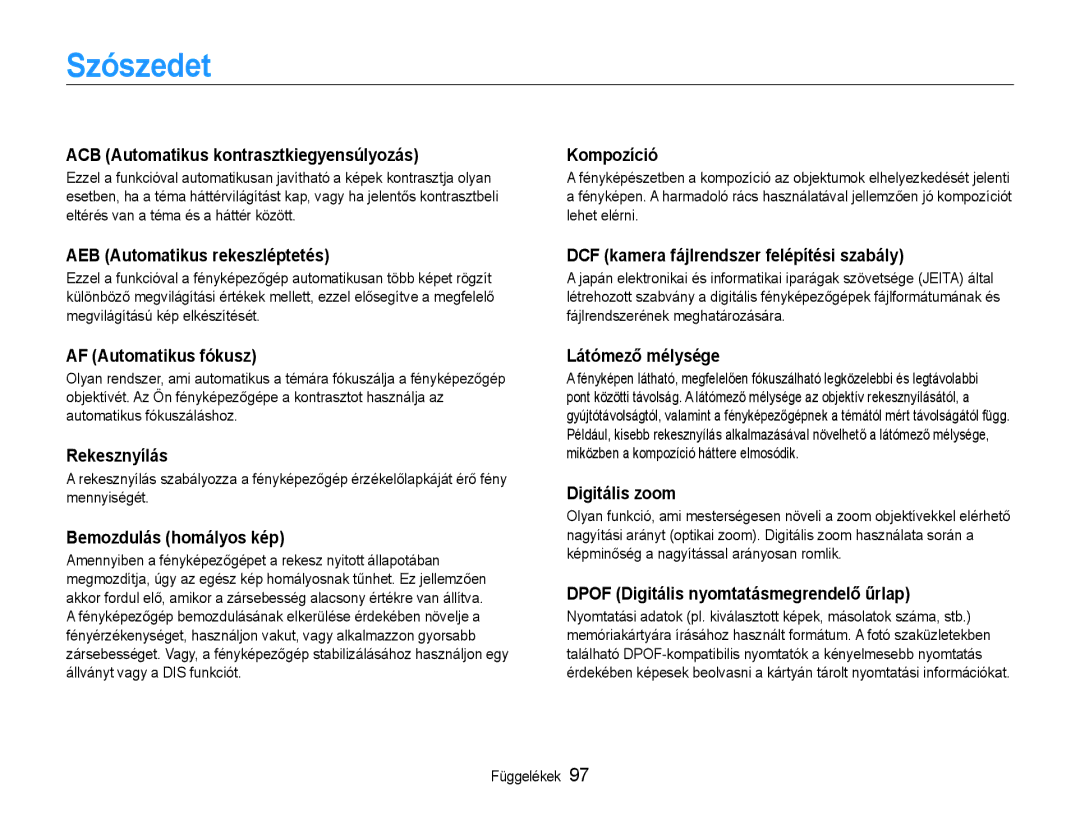 Samsung EC-ES9ZZZBAPE2, EC-ES9ZZZBASE3, EC-ES9ZZZBABE3, EC-ES9ZZZBASE2, EC-ES9ZZZBABE2, EC-ES9ZZZBARE2 manual Szószedet 