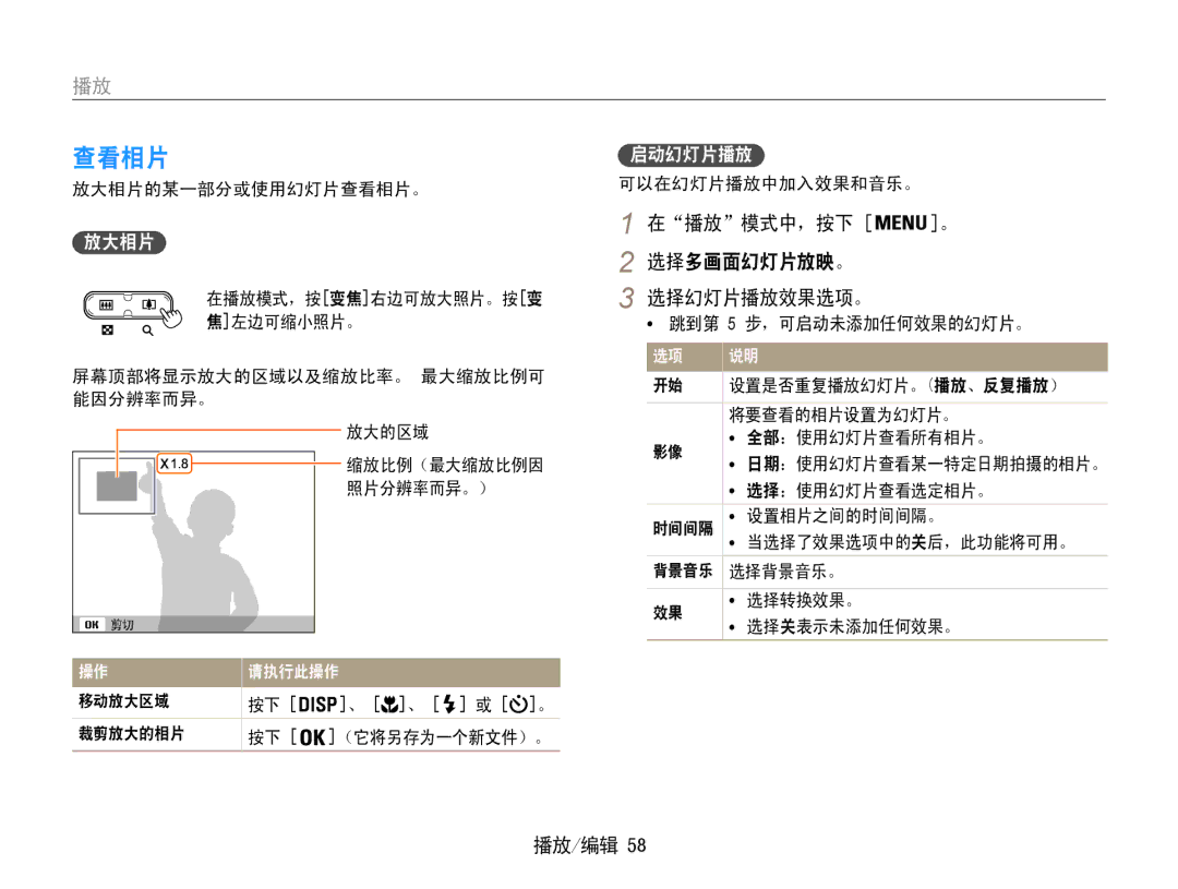 Samsung EC-ES9ZZZBARE2, EC-ES9ZZZBASE3, EC-ES9ZZZBABE3, EC-ES9ZZZBAPE2, EC-ES9ZZZBASE2 查看相片, 选择多画面幻灯片放映。, 选择幻灯片播放效果选项。, 放大相片 