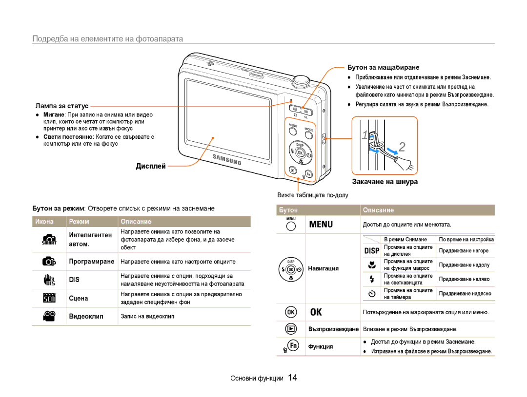 Samsung EC-ES9ZZZBABE3, EC-ES9ZZZBASE3 manual Подредба на елементите на фотоапарата, Дисплей, Закачане на шнура 