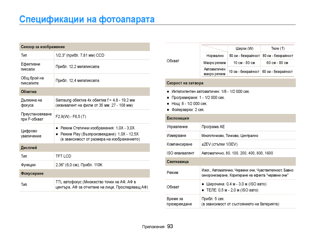 Samsung EC-ES9ZZZBASE3, EC-ES9ZZZBABE3 manual Спецификации на фотоапарата 