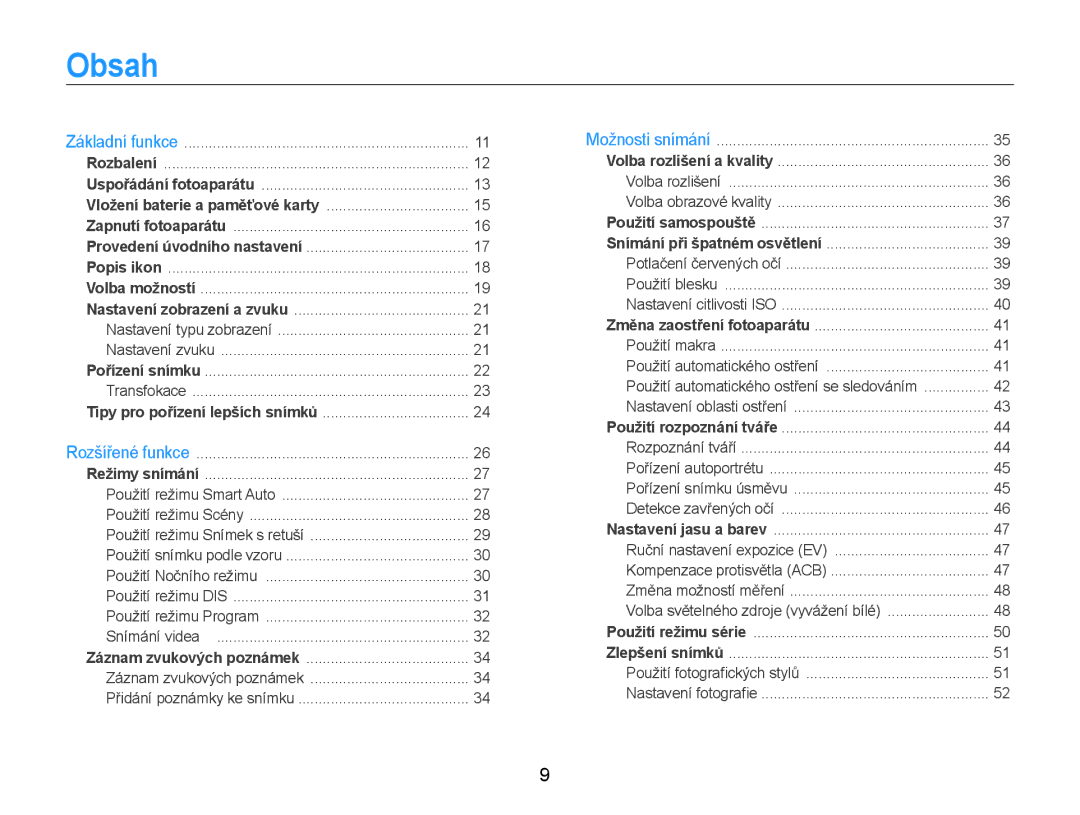 Samsung EC-ES9ZZZBASE3, EC-ES9ZZZBABE3 manual Obsah 