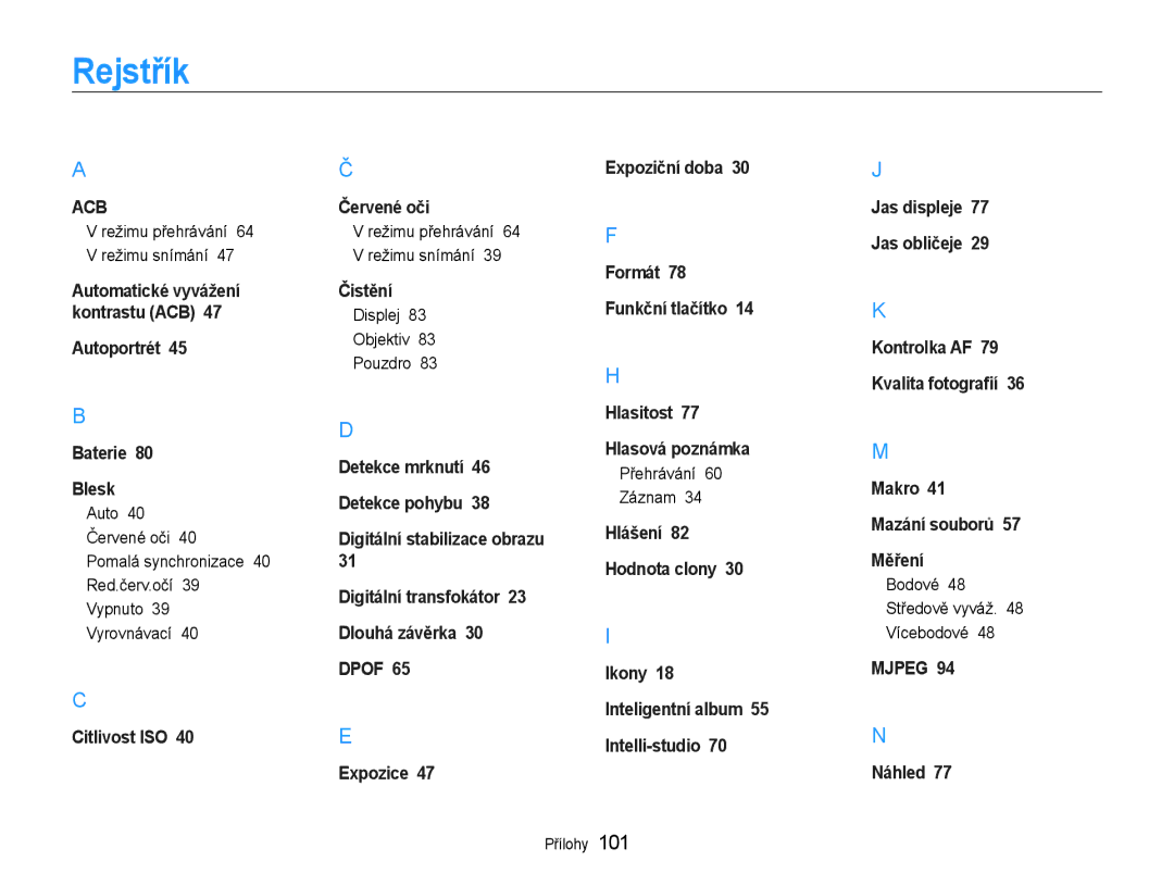 Samsung EC-ES9ZZZBASE3 manual Rejstřík, Displej Objektiv Pouzdro, Přehrávání Záznam, Bodové 48 Středově vyváž Vícebodové 