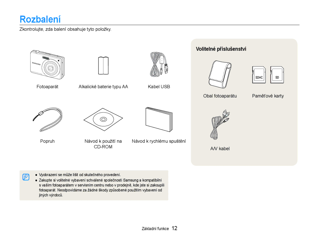 Samsung EC-ES9ZZZBABE3, EC-ES9ZZZBASE3 manual Rozbalení, Volitelné příslušenství 