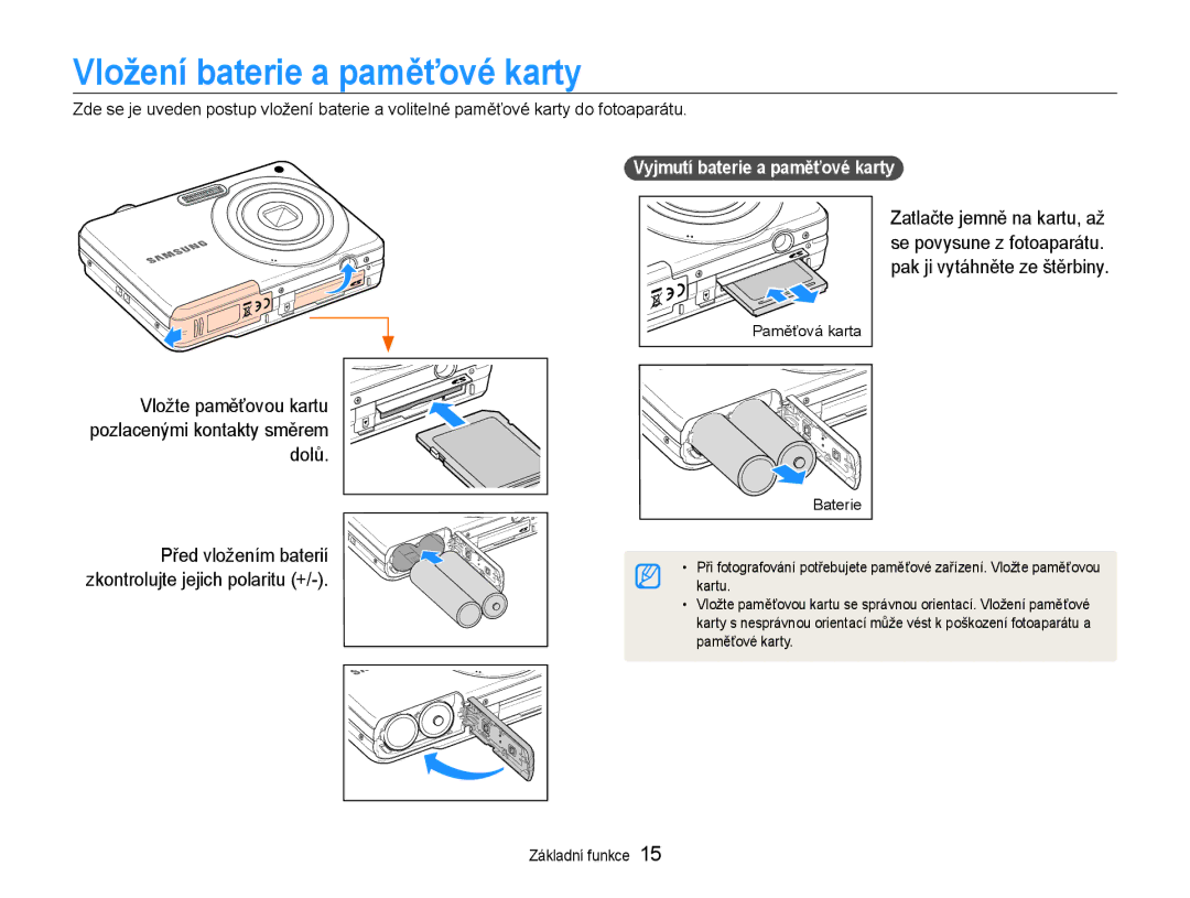 Samsung EC-ES9ZZZBASE3 manual Vložení baterie a paměťové karty, Vložte paměťovou kartu pozlacenými kontakty směrem dolů 